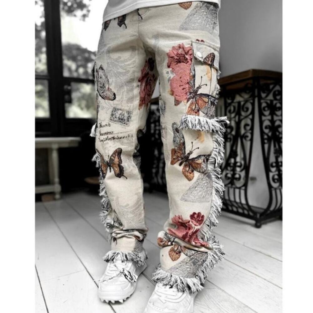 NWT Guapi Paris Butterfly Floral Tapestry Fringed Cargo Pants Size 38